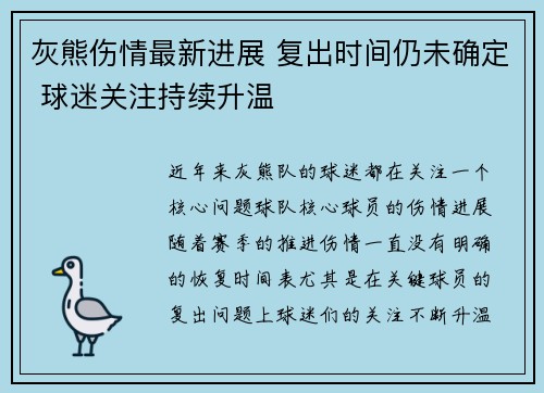 灰熊伤情最新进展 复出时间仍未确定 球迷关注持续升温