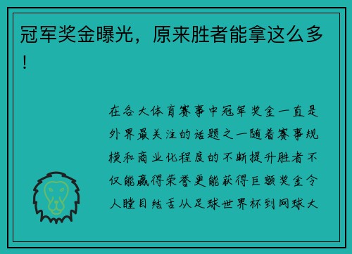 冠军奖金曝光，原来胜者能拿这么多！